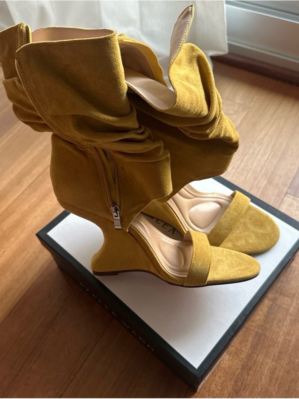 Ruched Mustard Yellow Suede High-Heel Sandals with Sculpted Heel